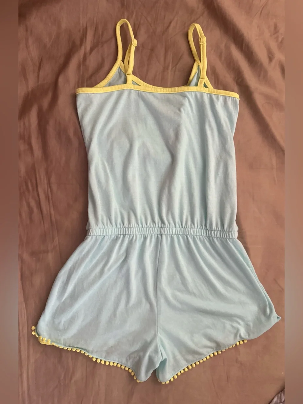 Light Blue Graphic Smiley Romper with Neon Tassled Trim | Size 12